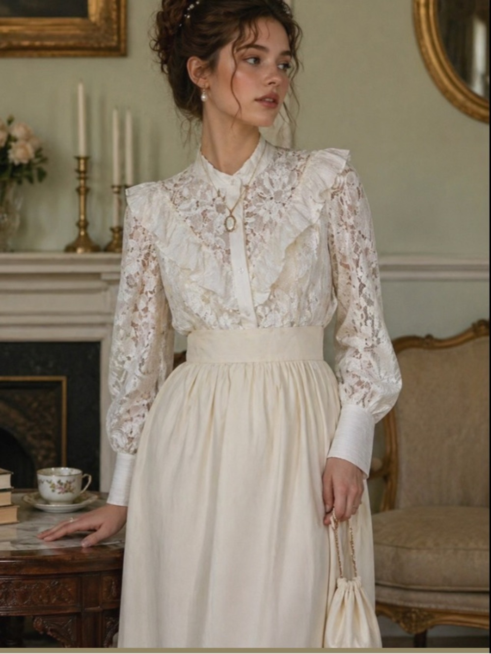 Fanco Women‎ Lace Ruffle Embroidered Front Button Blouse Top S Coquette Regency